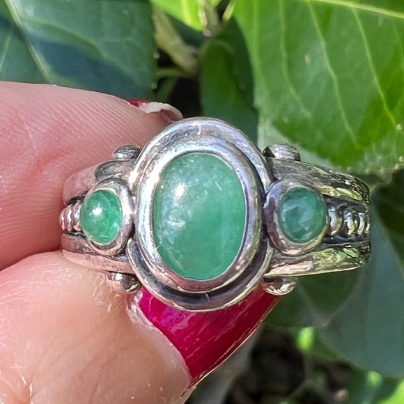 VINTAGE LARGE GREEN AVENTURINE JADE EMERALD CABOCHON RING 925 STERLING SILVER
